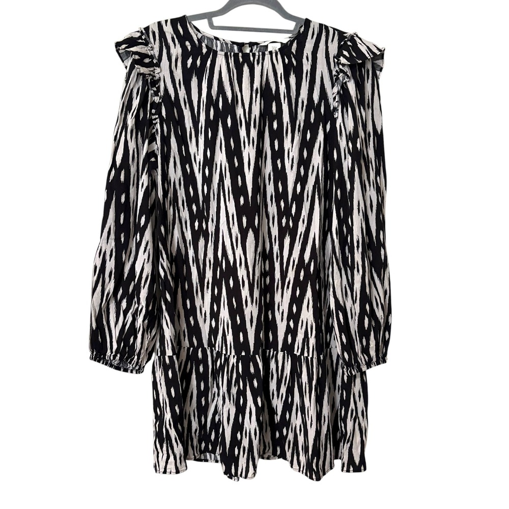 Womens Medium Mini Dress Black White Ikat Tiered Relaxed‎ Fit Minimalist Career